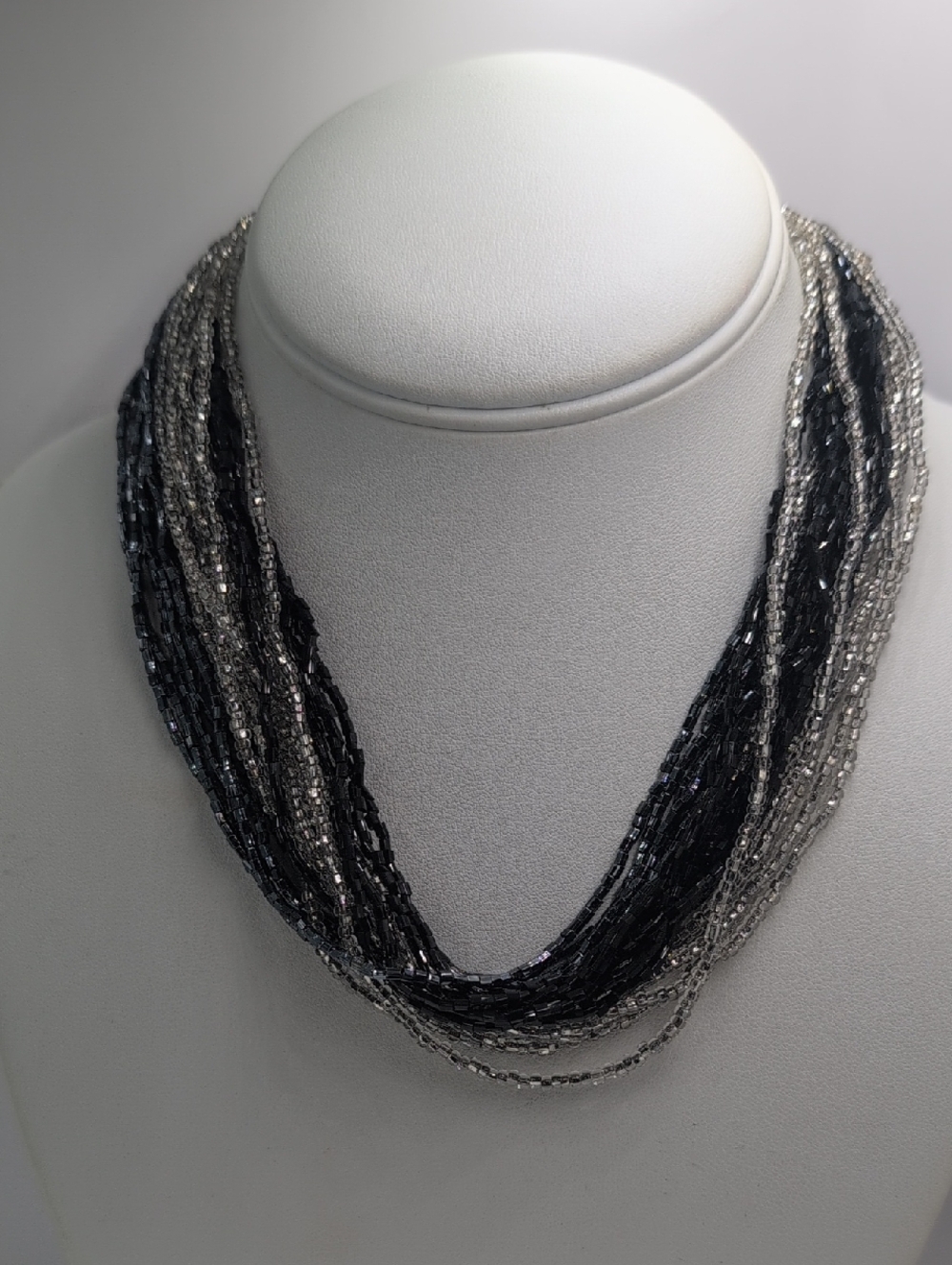 Elegant Multi-Strand Seed Bead Necklace - Black & Silver Tone cns - Picture 3 of 10